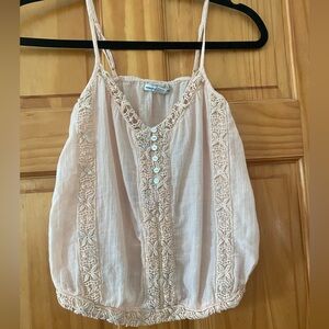 American Eagle Boho Lace Crochet Blush Pink Tank XXS Cotton Button Front Cami